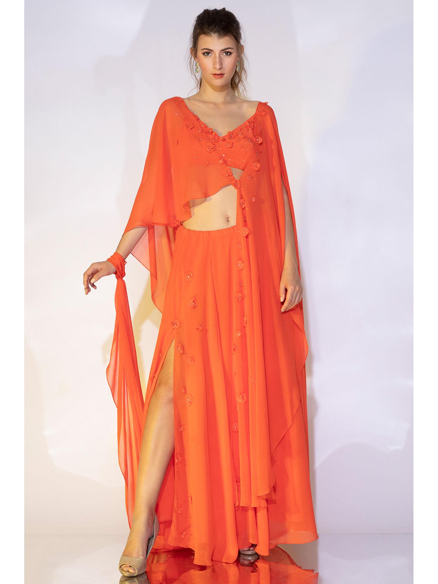 orange asymmetrical skirt set with cape (set of 3)