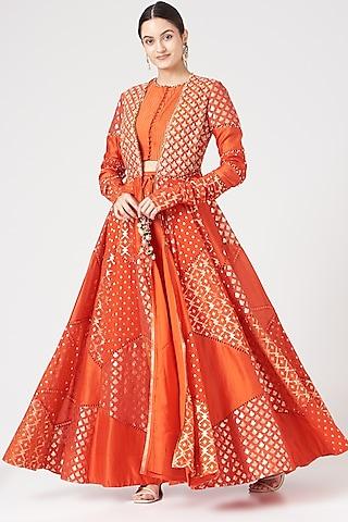 orange banarasi chanderi anarkali set