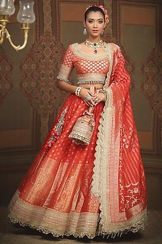 orange banarasi machine embroidered lehenga set