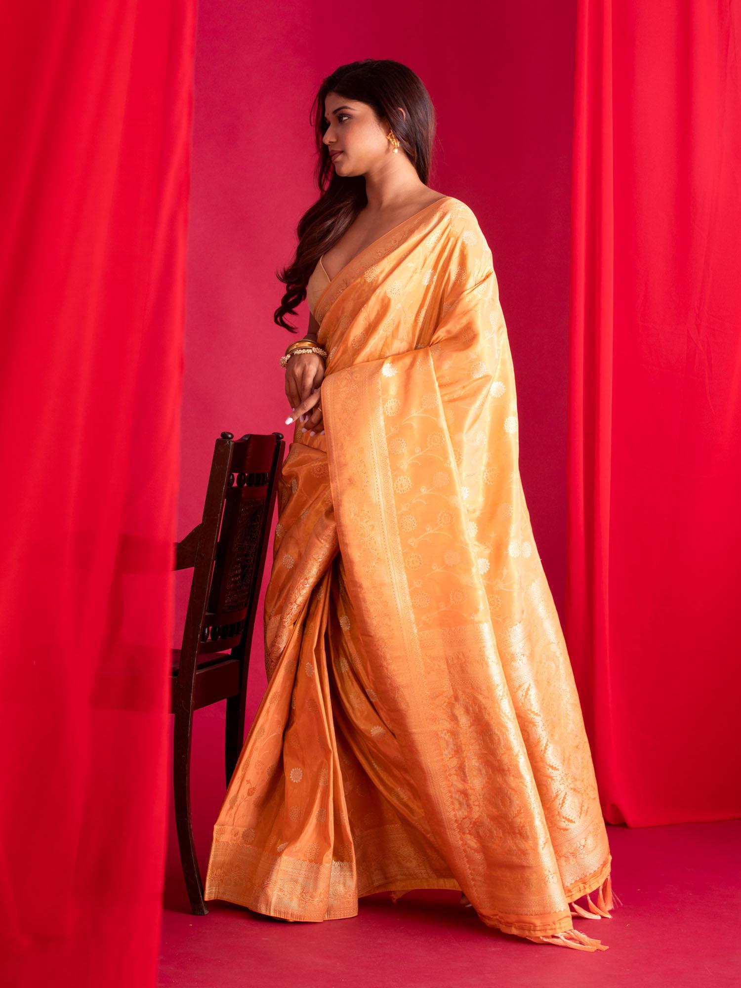 orange banarasi saree with unstitched blouse