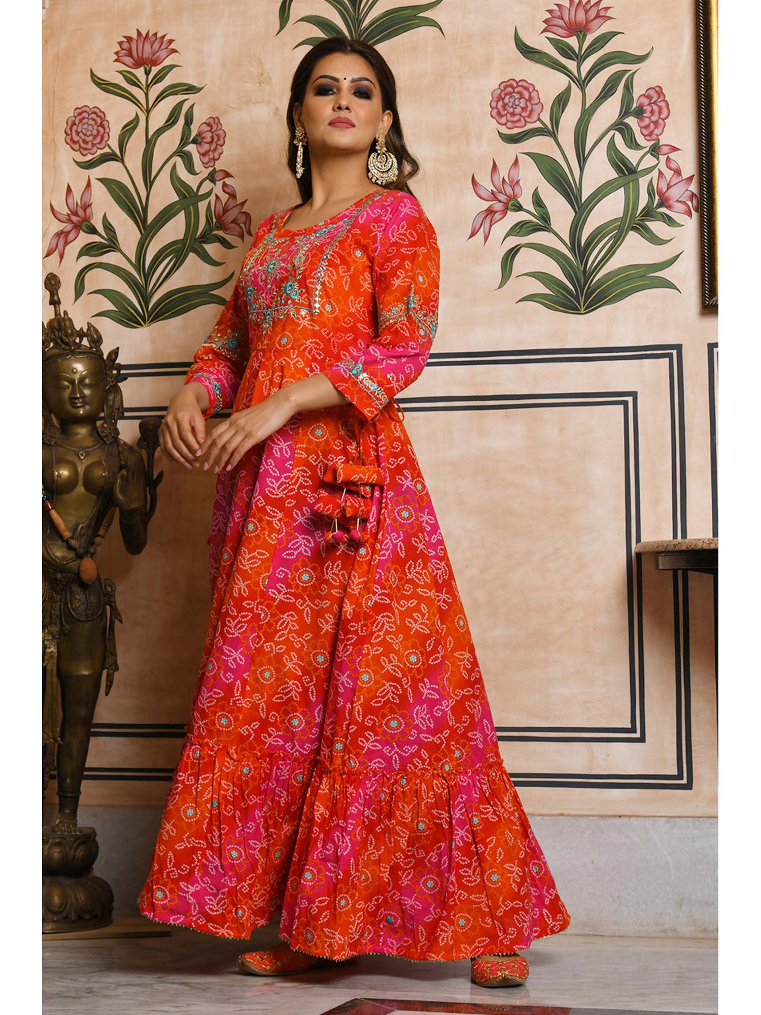 orange bandhej print cotton ethnic dress