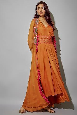 orange bemberg silk draped maxi dress with a-line cape
