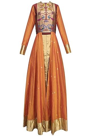 orange bird motifs flared anarkali style kurta and maroon pants set