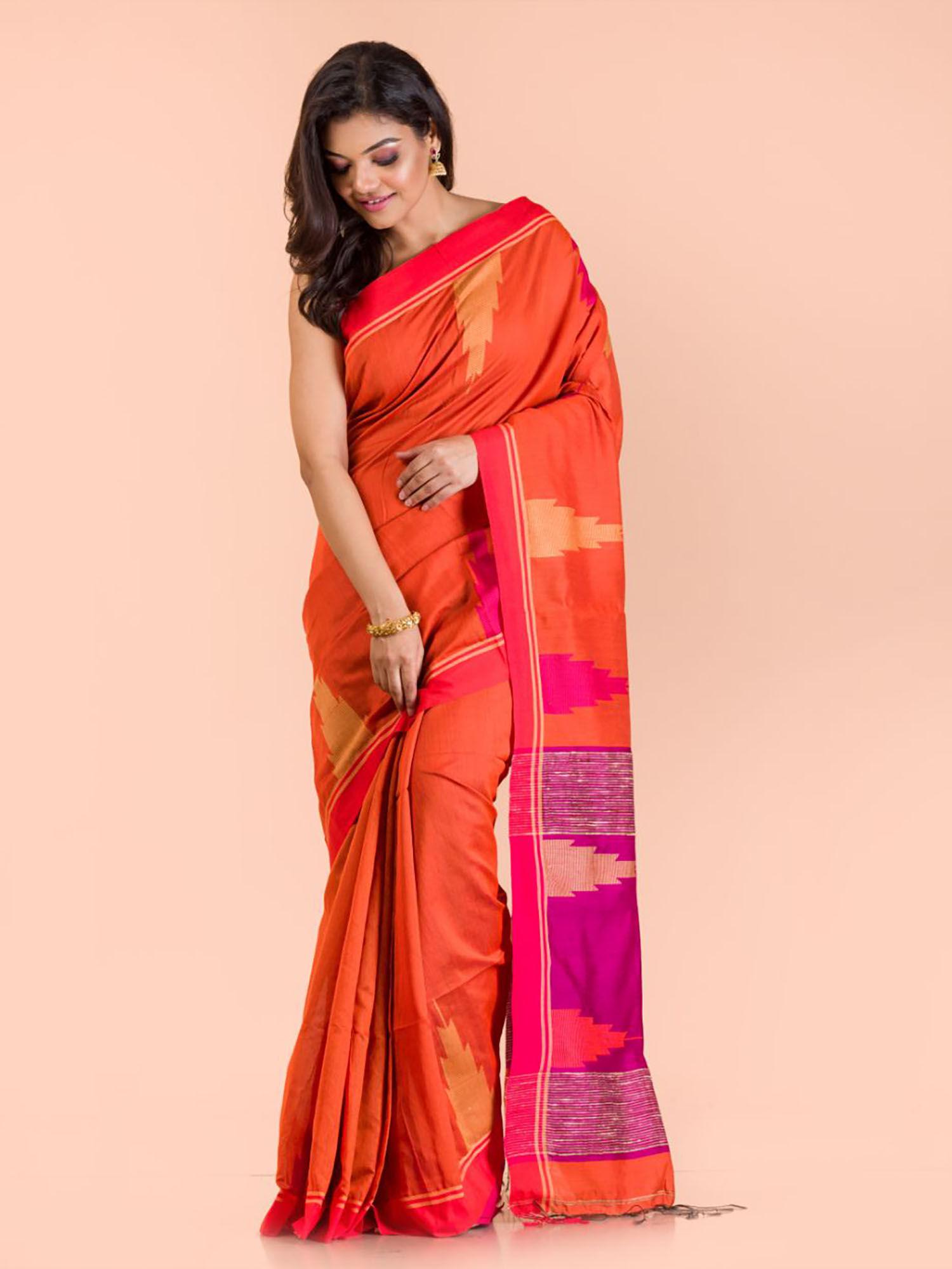 orange blended fabric woven saree with unstitched blouse