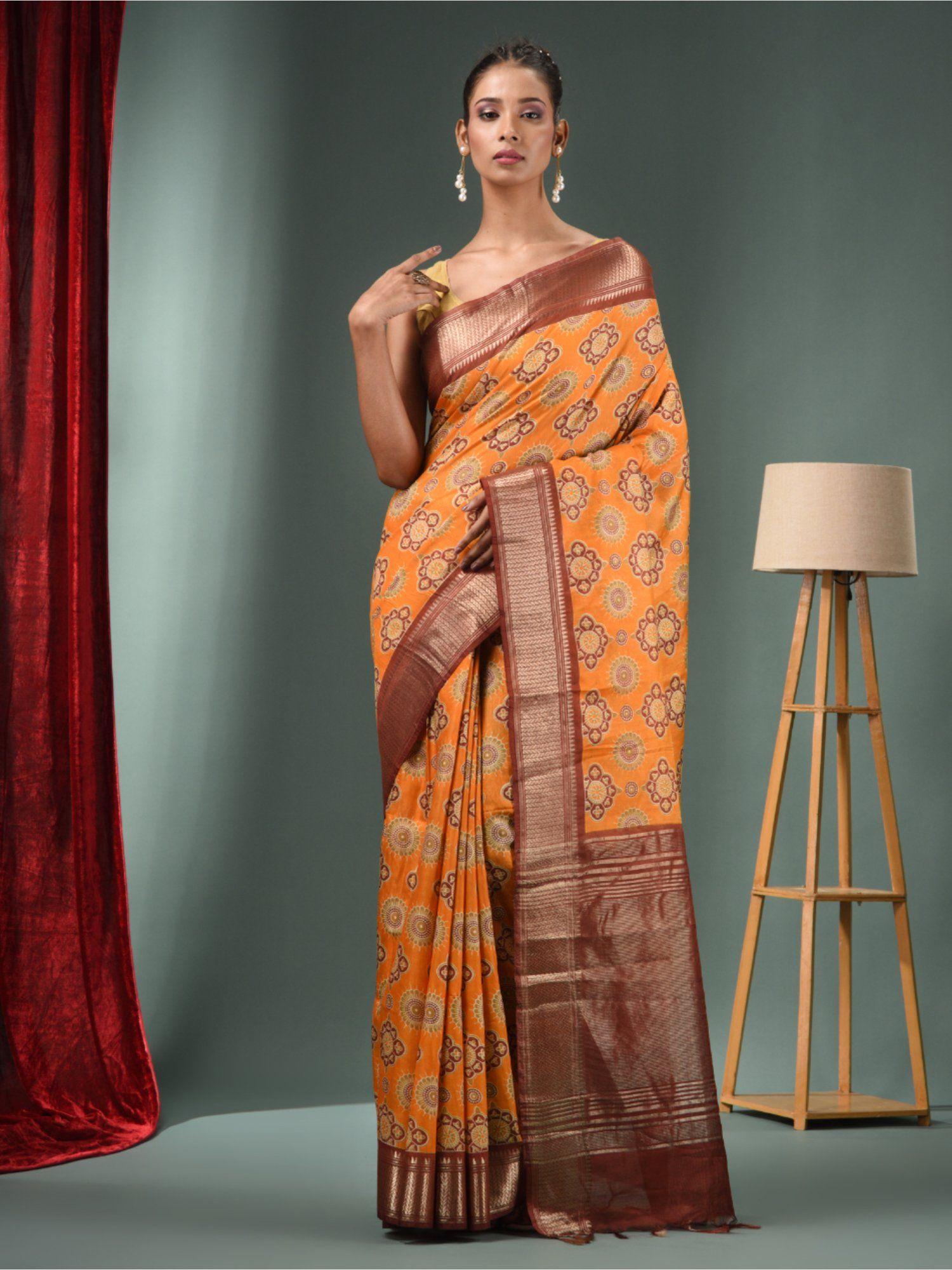 orange blended silk handwoven ajrakh print saree & unstitched blouse