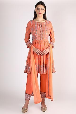 orange block printed & hand embellished kurta set