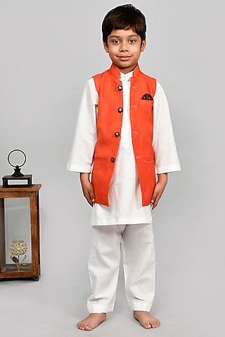 orange bundi jacket with kurta set for boys