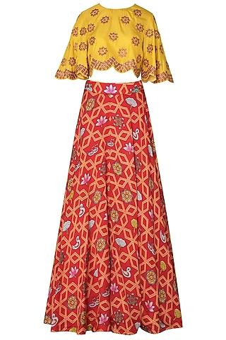 orange bundi scarlet jaal printed lehnega with yellow crop top