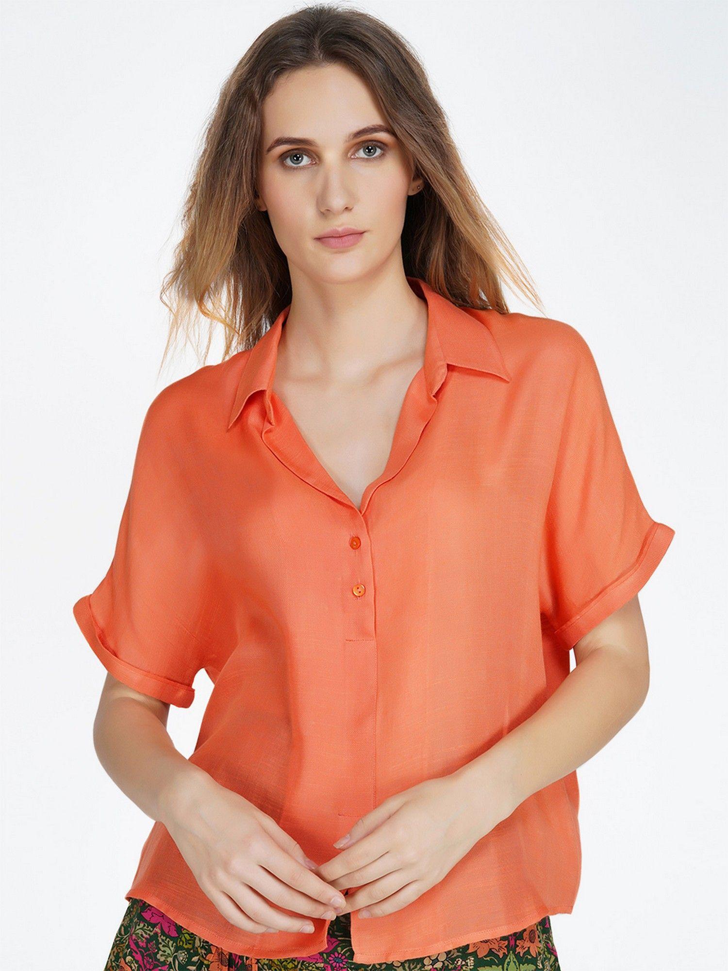 orange button down short sleeves regular length casual shirt for women