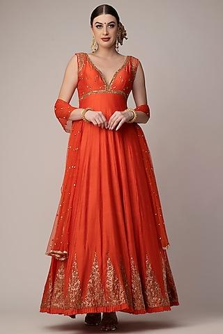 orange chanderi anarkali set