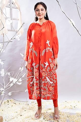 orange chanderi applique embroidered kurta set