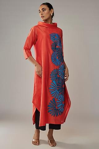 orange chanderi applique floral tunic set