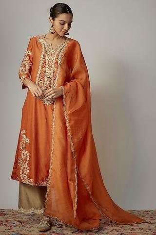 orange chanderi dori embroidered kurta set