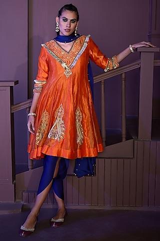 orange chanderi embellished kurta set