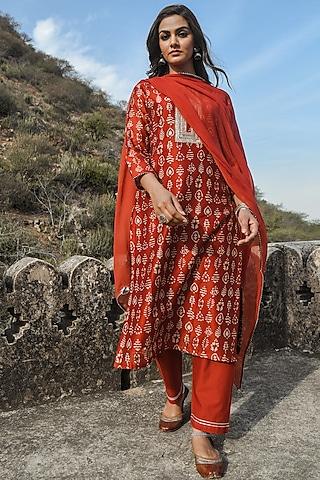 orange chanderi embroidered kurta set