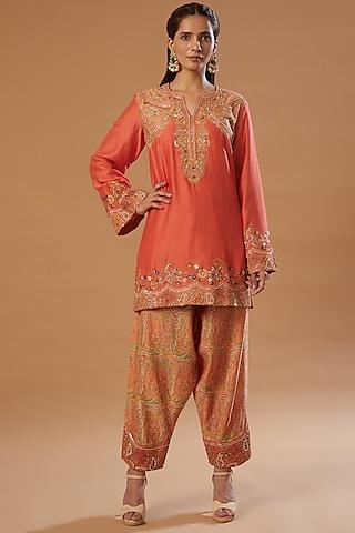 orange chanderi embroidered kurta set