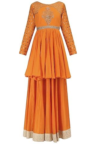 orange chanderi embroidered peplum and skirt set