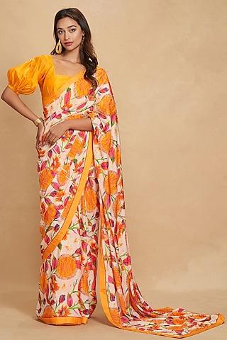 orange chanderi floral digital printed saree