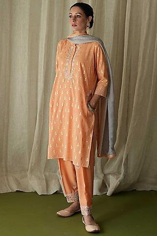 orange chanderi hand embroidered kurta set