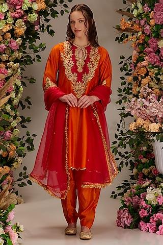 orange chanderi hand work kalidar kurta set