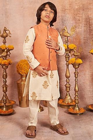 orange chanderi jacket with kurta set for boys