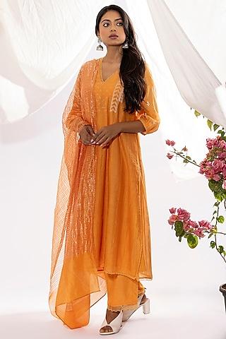 orange chanderi mul chikankari embroidered kalidar kurta set