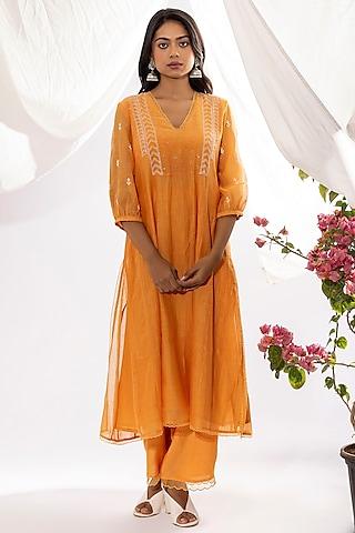 orange chanderi mul chikankari embroidered kalidar kurta set