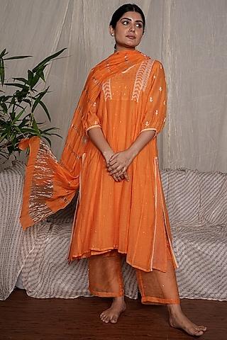 orange chanderi mul embroidered kurta set