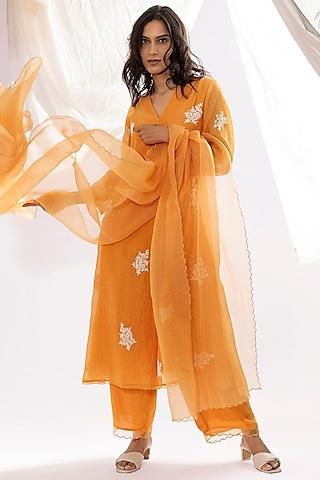 orange chanderi mul polka dot printed & embroidered kurta set