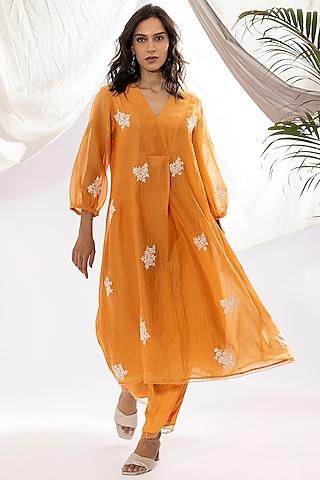 orange chanderi mul polka dot printed & embroidered kurta set