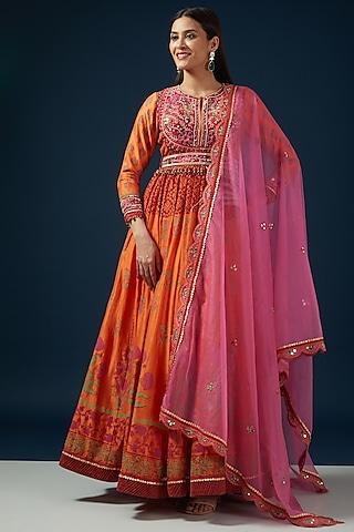 orange chanderi printed & embroidered anarkali set