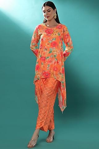 orange chanderi printed & embroidered tunic set