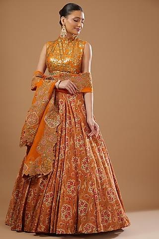 orange chanderi printed lehenga set