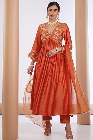orange chanderi silk embroidered kurta set