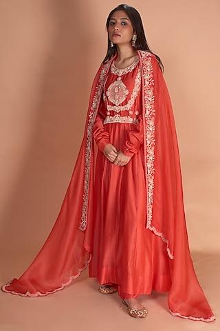 orange chanderi silk hand embroidered anarkali set