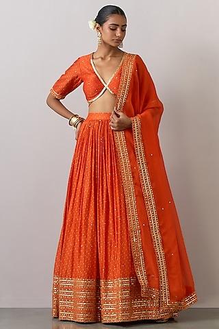 orange chanderi silk printed & embroidered lehenga set