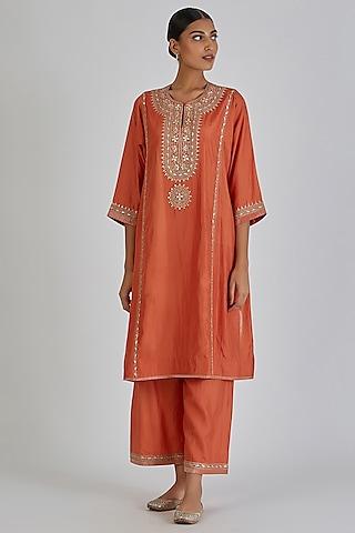 orange chanderi silk zardosi embroidered kurta set