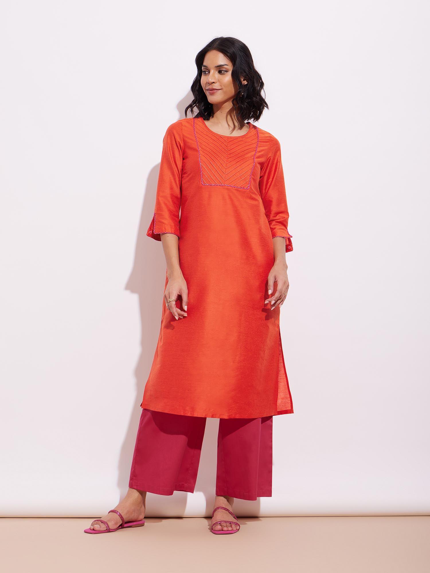 orange chanderi solid straight kurta