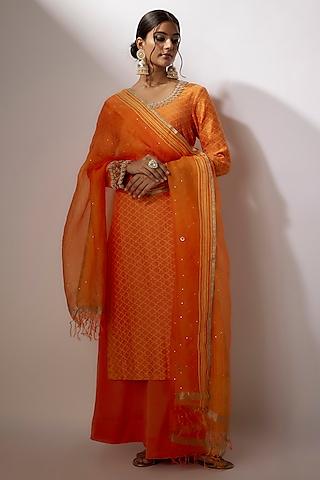 orange chanderi zardosi & pearl embroidered kurta set