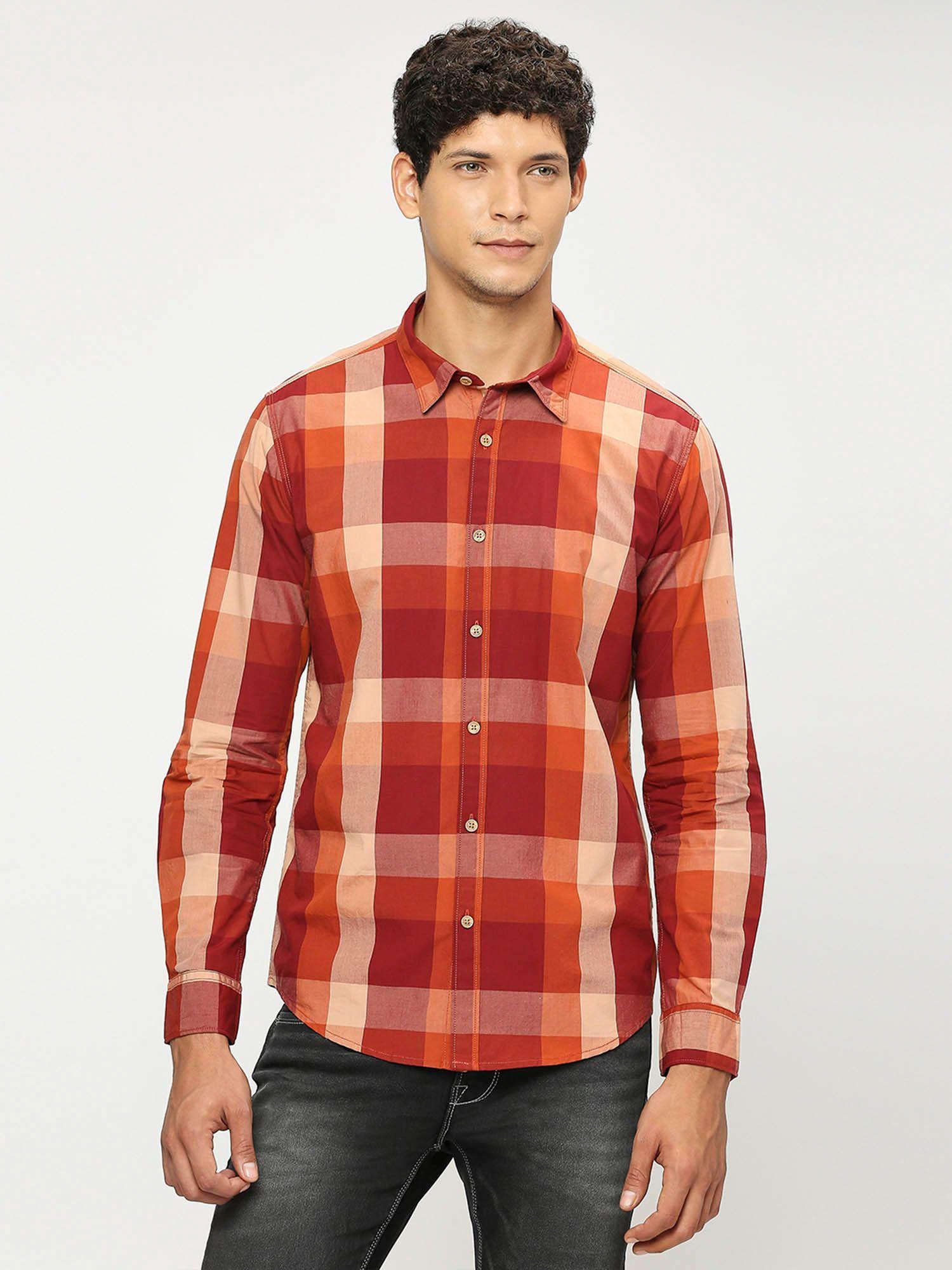 orange checked full sleeves shirt