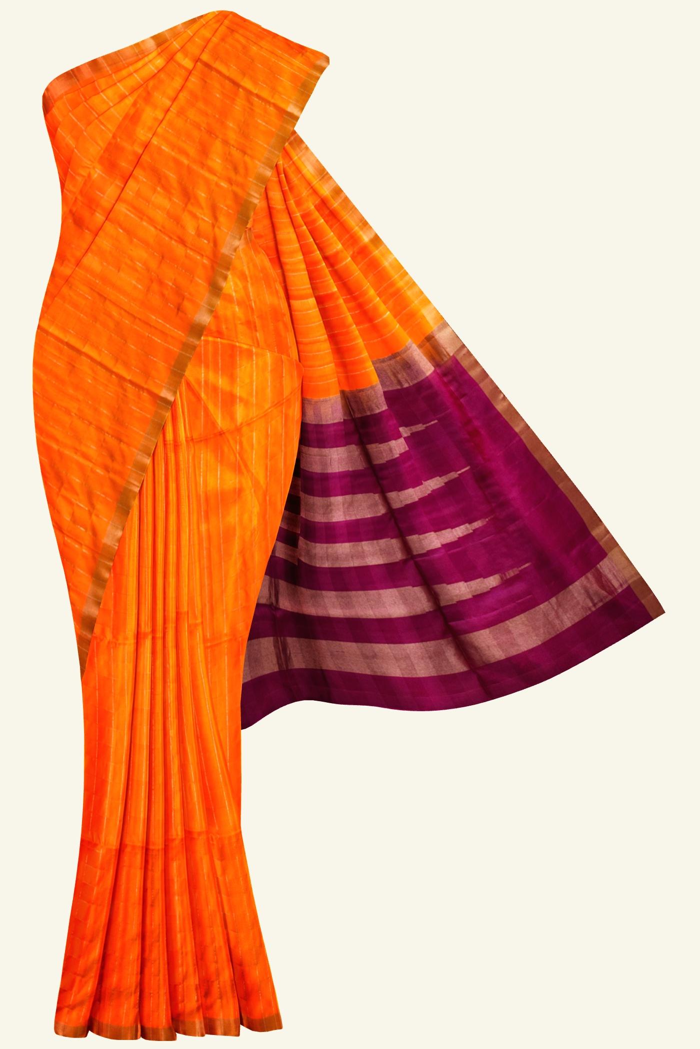 orange checked handloom soft silk saree