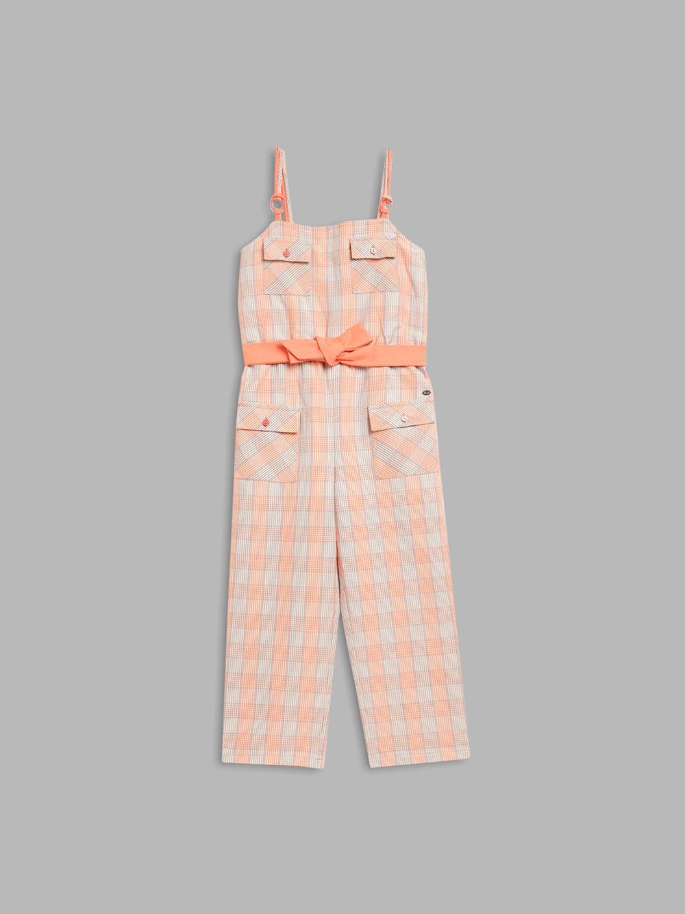 orange checked square neck jumpsuit