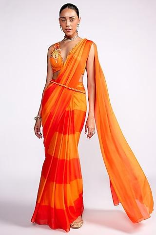 orange chiffon color-blocked pre-draped saree set