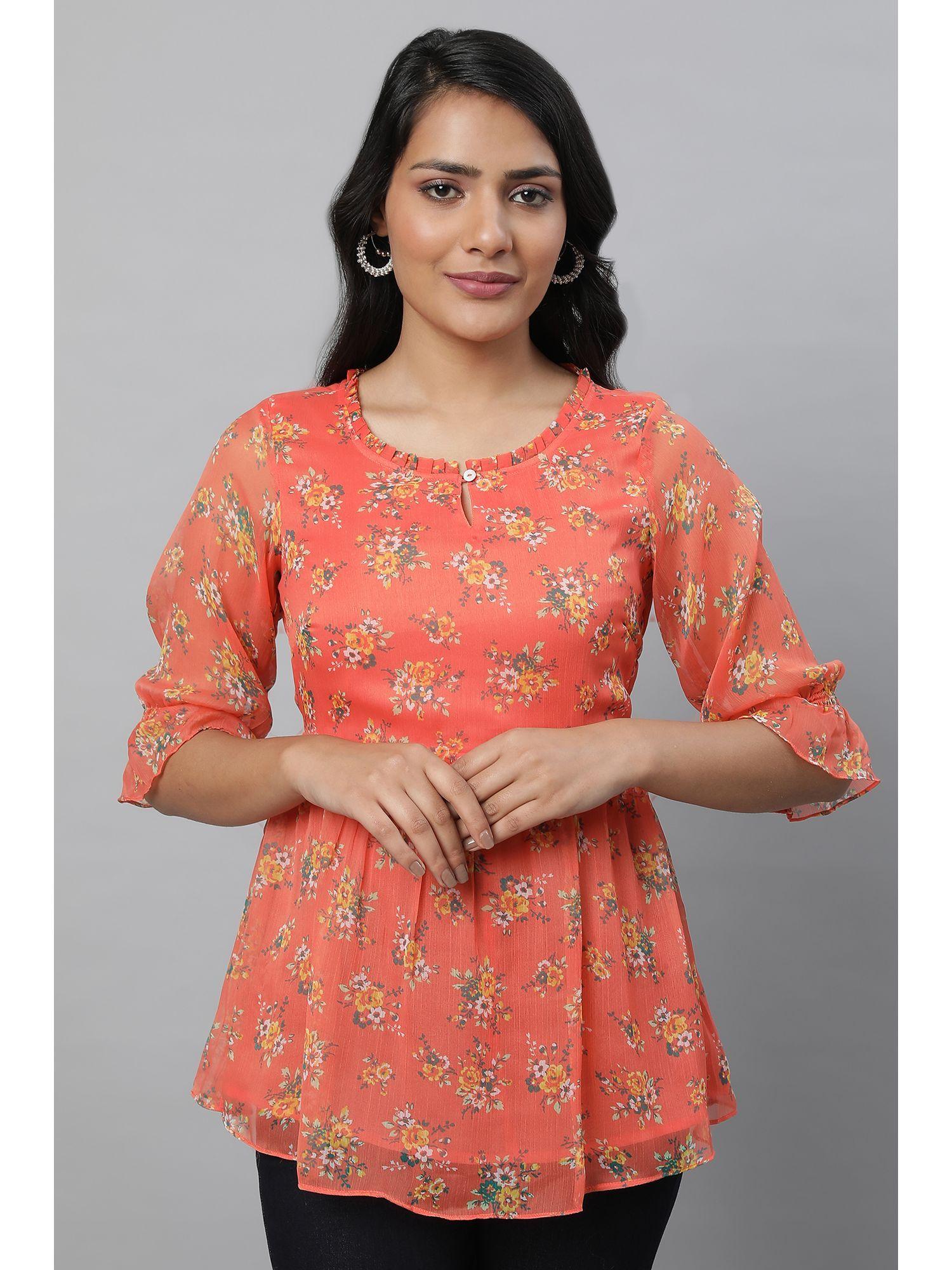 orange chiffon floral print short kurti