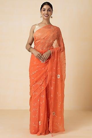 orange chiffon hand embellished saree set