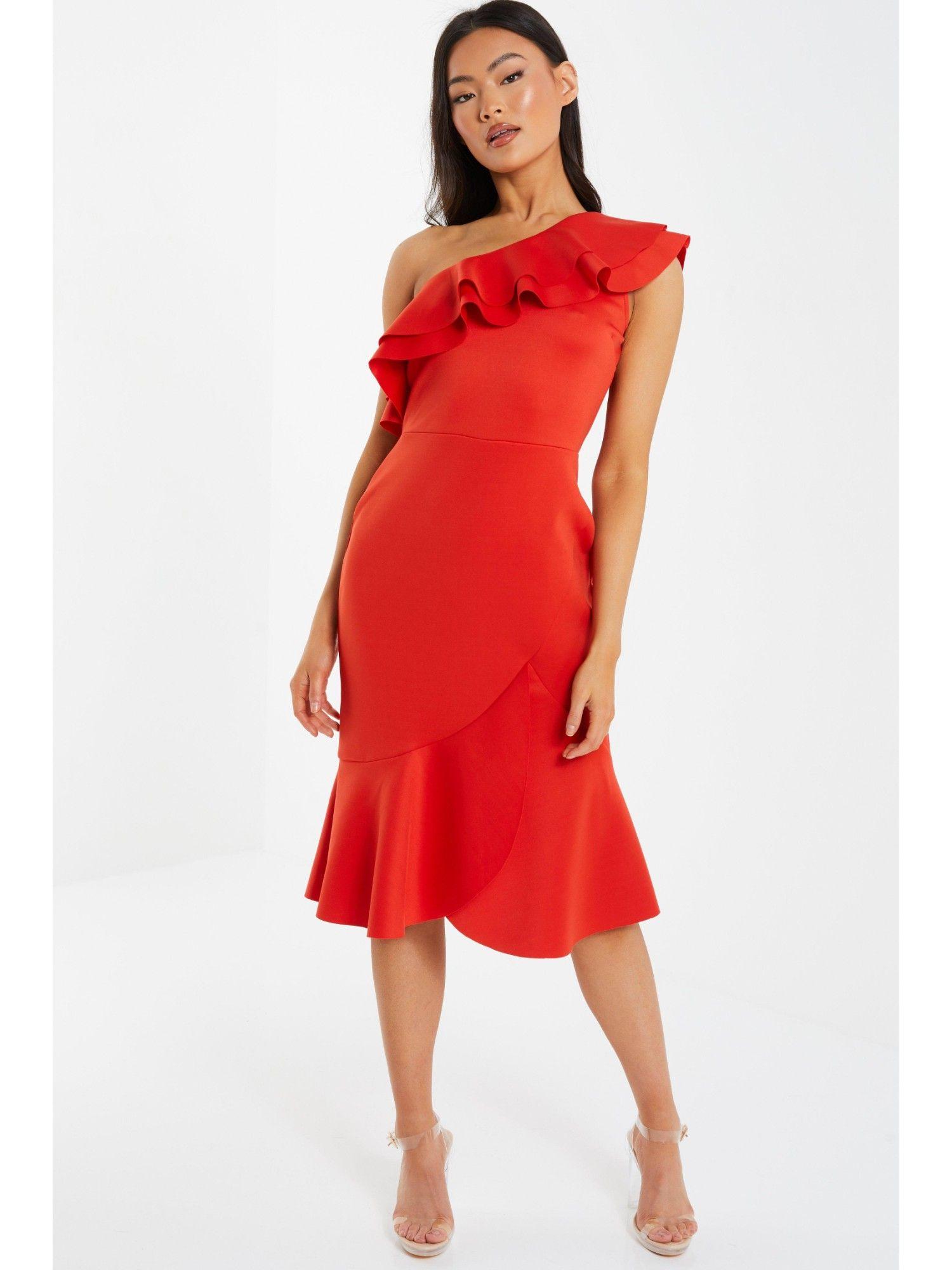 orange chiffon one shoulder frill midi dress