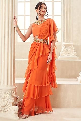 orange chiffon pre-draped saree set