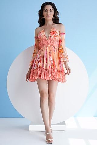 orange chiffon printed halter mini frilled dress