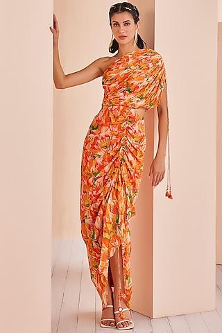orange chiffon printed one-shoulder draped dress