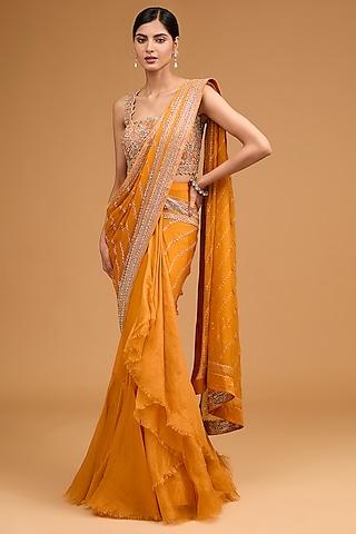 orange chiffon sequins embroidered ruffled saree set